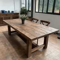 Table à manger rustique en bois de récupération, grande table de cuisine en pin massif de style farmhouse avec base robuste en H pour 8 personnes