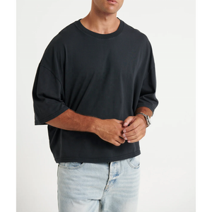 Camiseta de algodón grueso personalizada al por mayor para hombre, cuello grueso, blanca lisa, corte holgado, camiseta básica negra - Product Image 3