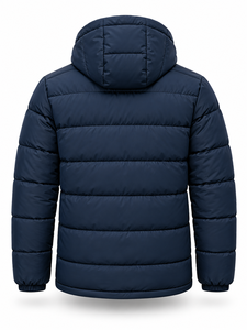 Chaqueta Acolchada con Capucha para Hombre, Color Azul Marino, Cálida, Resistente al Viento, Cierre Frontal con Cremallera, Color Sólido, Relleno de Poliéster, Corte Regular - Product Image 3