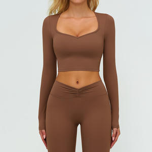Ropa Deportiva para Mujer, Camiseta de Yoga sin Costuras de Color Sólido, Manga Larga, Top Corto para Entrenamiento, Secado Rápido, Transpirable, Conjuntos de Yoga - Product Image 5
