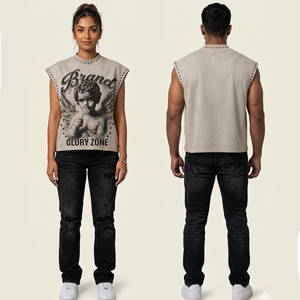 T-shirt en coton sans manches surdimensionné avec imprimé ange, style streetwear, haut en jersey pour homme, respirant, col rond, 300g, doux - Product Image 2
