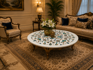 Luxury Marble Coffee <b>Top</b> Floral Inlay Design Handmade Living Room Center <b>Top</b> Elegant White Stone Furniture for Classic Home Deco - Product Image 3