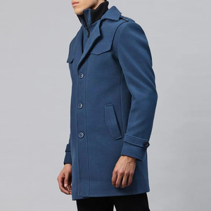 <b>Men's</b> Wool <b>Long</b> Overcoat Notched Lapel Single Breasted Button Closure Regular Fit Outerwear Blue <b>Coat</b> - Product Image 2