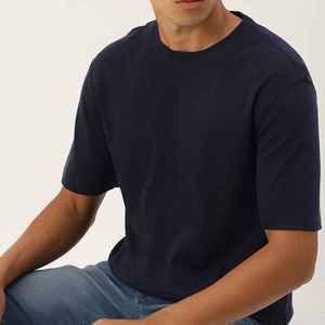T-shirt à manches courtes pour homme, bleu marine, col rond, coupe classique, jersey décontracté, 100% coton, couleur unie, design tricoté - Product Image 1