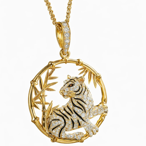 Luxury Gold Tiger Bamboo Pendant <b>Necklace</b> 3D Enamel Stripe Animal Medallion 18K Gold Plated Fine <b>Statement</b> Jewelry - Product Image 2