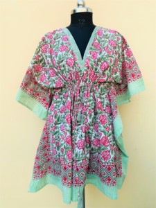 Wholesale Hand Block Printed 100% Cotton Eco-Friendly V-Neck Loose Fit Women's <b>Beach</b> Party <b>Kaftan</b> Dress Summer Holiday - Product Image 4