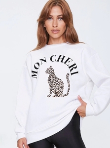 Sweat-shirt blanc à col rond pour femme avec imprimé léopard et texte Mon Cheri, coupe classique, décontracté, pour l'automne - Product Image 2