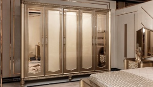 Luxury Art Deco Solid Teak Wood Bedroom Set Scalloped King Size Bed Mirrored Wardrobe 2 Nightstands Dressing <b>Table</b> Furniture - Product Image 2