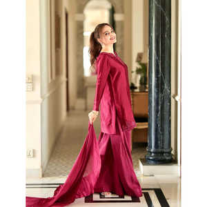 Hermoso conjunto de satén con top, pantalón y dupatta, bordado, para fiesta, con cintura natural - Product Image 4