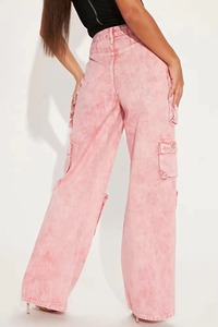 Pantalones Cargo Rosa Tie Dye de Cintura Alta, Pierna Ancha, Corte Holgado, Estilo Streetwear, Jeans de Algodón para Verano - Product Image 3