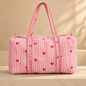 Bolsa de Viaje de Fin de Semana, Portátil, Ecológica, con Estampado de Corazones y Rayas Blancas, Acolchada, de Algodón - Product Image 1