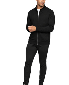 Survêtement en molleton noir pour homme, fermeture éclair intégrale, 360g, 100% coton, couleur unie, col montant, manches longues, poches latérales, vêtements d'automne - Product Image 1