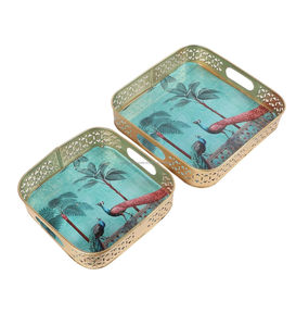 ชุดถาดเสิร์ฟลายนกยูงใต้ต้นไม้ทรงสี่เหลี่ยมสำหรับบ้านชา/ผลไม้/ของขบเคี้ยวถาดตกแต่งแบบหลายสี - Product Image 3