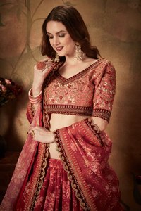 Red Floral Organza Lehenga Choli <b>Top</b> Dupatta <b>Sequin</b> Embroidery Traditional Indian Wedding Women One Set Short Knee Length - Product Image 4