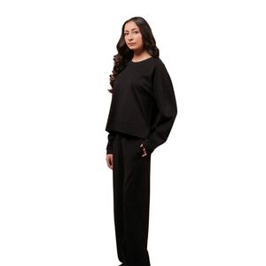 <b>Women</b> <b>Black</b> Two Piece Lounge Set Long Sleeve Crew Neck Sweatshirt Wide Leg Pants Casual Sportswear Matching Outfit Custom - Product Image 3