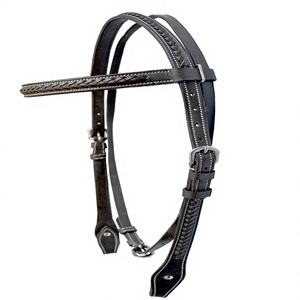 Cabezada para caballo estilo western ajustable, trenzada a mano, de cuero genuino, con frenteal de cuero crudo blanco y cuero marrón, 96 - Product Image 1