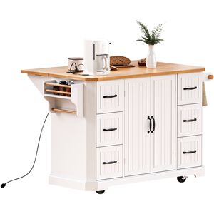 Isola da Cucina K K da 56 Pollici con 4 Ripiani, Presa di Corrente, Strisce Verticali in Rilievo, Piano Ribaltabile in Impiallacciatura di Legno di Gomma - Product Image 6