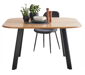 Mesa de comedor plegable de madera maciza de acacia de estilo industrial moderno con patas de madera en acabado negro y natural para el hogar, oficina, cocina o casa de campo. - Product Image 1