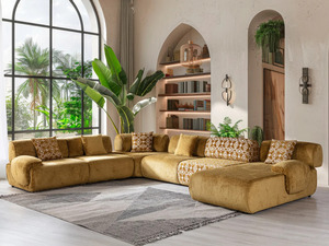 Juego de Sofás de Madera de Teca Sólida de Lujo Moderno, en Forma de L, 6 Plazas, Sofá Seccional Curvo de Terciopelo, Muebles Modulares para Sala de Estar - Product Image 3