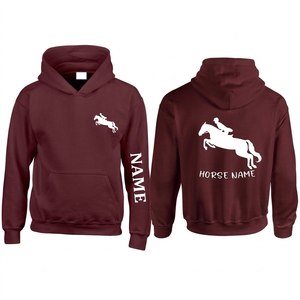 CUSTOM Maroon Equestrian <b>Hoodie</b> Pullover <b>Horse</b> Rider Print Custom Name Full Sleeve 100% Cotton Lightweight Breathable Unisex - Product Image 1