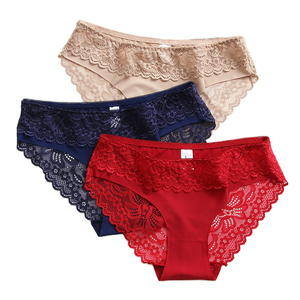 Culottes taille moyenne pour femmes, lot de 3, avec dentelle, couleur unie, respirantes, en Spandex et Nylon, style sexy, rouge, marine, beige - Product Image 1