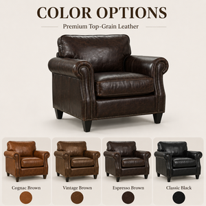 Sillón de Cuero Genuino Clásico con Brazos Enrollados y Remaches Decorativos, Sofá Individual Cómodo para Sala de Estar o Dormitorio - Product Image 5