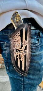 มีดล่าสัตว์เหล็กดามัสกัสแบบ OEM พร้อมด้ามจับทำจากเขาสัตว์ มีตะขอเกี่ยวไส้  มีดใบตายสำหรับตั้งแคมป์และกิจกรรมกลางแจ้ง EDC พร้อมปลอกหนัง - Product Image 2