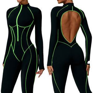 Black Full Length Bodysuit With Green Stitching Turtleneck High Waist Cut-Out Back Zipper Closure Seamless Spandex Polyester - Product Image 1
