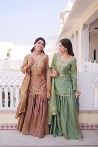 Traje Salwar Tradicional Indio para Mujer, Material Fendy Crush con Bordado de Lentejuelas Zari, Traje Sharara para Boda - Product Image 3