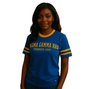 เสื้อเชิ้ตแขนสั้นสไตล์ Boyfriend สีน้ำเงินรอยัลสำหรับผู้หญิง  ลาย Sigma Gamma Rho  ตกแต่งขอบสีทอง  รุ่น Founders ปี 1922  สำหรับชมรมพี่น้องชาวกรีก  สไตล์ลำลอง - Product Image 1