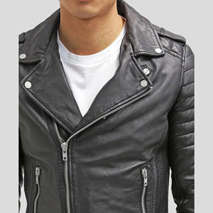 Blouson de motard personnalisé pour homme en cuir véritable noir, manches matelassées, coupe ajustée, en peau de mouton souple, style streetwear - Product Image 2
