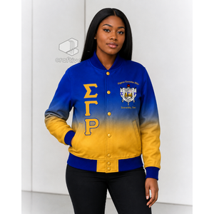 เสื้อแจ็คเก็ตโอเวอร์ไซส์ผ้าซาตินแบบไล่เฉดสีสำหรับผู้หญิง ยี่ห้อ Sigma Gamma Rho ปักลายตัวอักษรกรีก ติดกระดุมแป๊ก คอเสื้อและปลายแขนเสื้อถักแบบริบบิ้น - Product Image 5