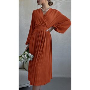 Vestido largo de punto acanalado de crepé para mujer, estilo casual de otoño, con abertura, patrón liso y manga larga, personalizable - Product Image 6