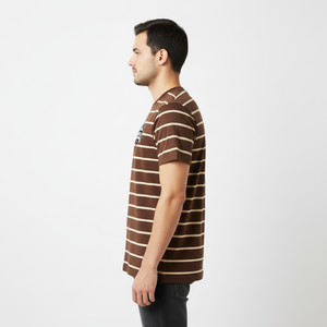 Camiseta Premium Personalizada con Bordado, Cuello Redondo, Color Marrón, para Hombre, Estilo Urbano, con Rayas Beige, Tela de Algodón de 220g - Product Image 3