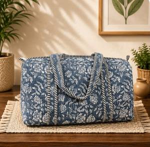 Hand Block Print Cotton Quilted <b>Pillow</b> Bag | Artisan Geometric Jaipuri Print Weekender Overnight Bag | Indian Handmade Travel - Product Image 1