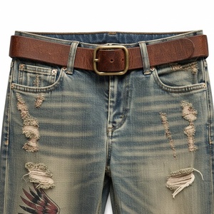 Jean en denim évasé taille haute avec patch aigle et délavage déchiré style vintage pour homme, streetwear en coton, collection automne - Product Image 5