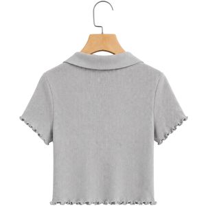เสื้อโปโลครอปแขนสั้นผู้หญิงสีเทา ผ้าถักลายริบ คอวี ทรงเข้ารูป ชายเสื้อแบบลีทเช่ ยืดหยุ่นได้ สวมใส่สบาย แฟชั่นลำลอง เนื้อผ้านุ่ม - Product Image 2