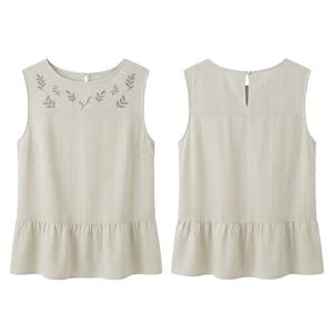 Blusa de Lino Color Marfil Delicada y Personalizada, Sin Mangas, con Bordado Floral, Cuello con Volantes, Estilo Boho, Suave y Transpirable - Product Image 1