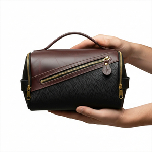 Leather Toiletry <b>Bag</b> Rectangle Classic Portable Black Brown Brass <b>Zipper</b> Bathroom <b>Storage</b> <b>Bag</b> - Product Image 1