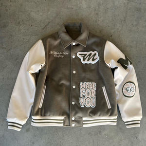 Made For You Varsity Jacket Men Pu Leather Turn-<b>down</b> Collar Embroidered Letter Patch Casual Autumn Wear - Product Image 5