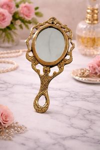 Vintage Pure Brass Handheld Mirror with Handle Antique Gold Finish Decorative Makeup Vanity Mirror - Product Image 2