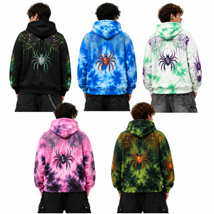 เสื้อฮู้ดดี้ลายสไปเดอร์กราฟิกแบบย้อมสีไทได ขายส่ง สไตล์ Y2K โอเวอร์ไซส์ สตรีทแวร์ ผลิตตามสั่ง (OEM) จากซัพพลายเออร์ในสหรัฐอเมริกา รับผลิตจำนวนมาก เสื้อผ้าสำหรับทุกเพศ - Product Image 2