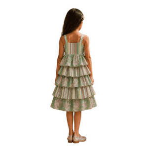 Robe d'été légère sans manches en mousseline imprimée à volants superposés pour filles de 0 à 6 mois, vert olive et rose - Product Image 2