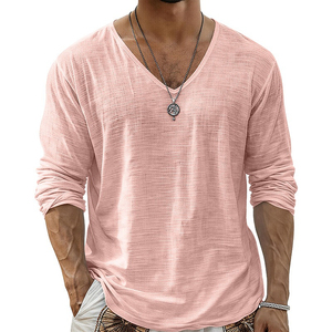 Venta al por mayor de tops de playa para hombre, de punto sólido de 180 g, ligeros, con textura, cuello en V, manga larga, formales, transpirables y de corte ajustado, directamente de fábrica. - Product Image 5
