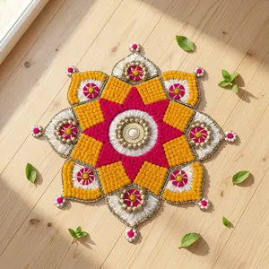 Tapis Rangoli traditionnel en métal fait main avec motif pompon rose, jaune et blanc pour la décoration de mariage et de festival - Product Image 5