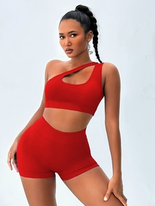 Hot Pink Ribbed <b>One</b> Shoulder Active Set for Women - Crop <b>Top</b> and High Waisted Scrunch Biker Shorts Flattering Cut Out Design - Product Image 2