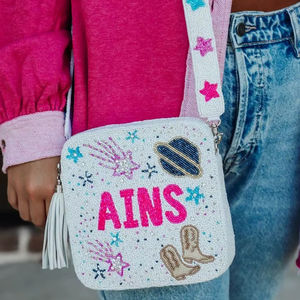 Bolso Bandolera de Lona Blanca de Alta Calidad Personalizable con Cuentas de Semillas, Nombre Personalizado, Espacio y Planeta, para Mujer, con Cremallera - Product Image 1