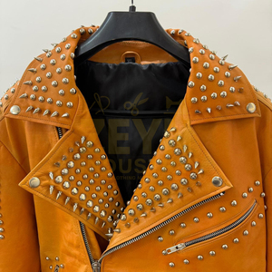 Chaqueta de Motociclista de Cuero PU para Mujer, Color Naranja, Cuello Alto, Manga Larga, Cierre de Cremallera, Estilo Motero, para Otoño - Product Image 6