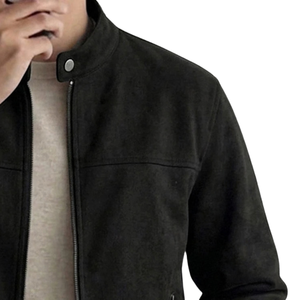 Mens Winter Solid Fleece Lined <b>Suede</b> Style Jacket Stand Collar Full Zip Front Long Sleeve Snap Cuff Side Pocket Casual Regular - Product Image 3