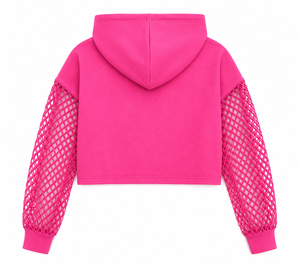 SALSTAR <b>Women's</b> Cropped <b>Hoodie</b> <b>Pink</b> Mesh Lantern Sleeve Sweatshirt Breathable Summer Casual Wear - Product Image 4